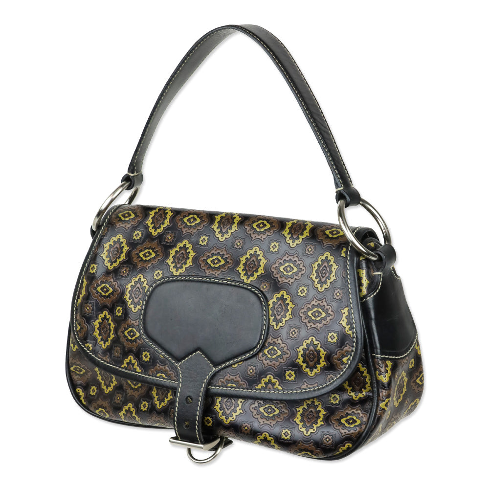 Prada Black/Olive Arabesque Printed Leather Shoulder Bag