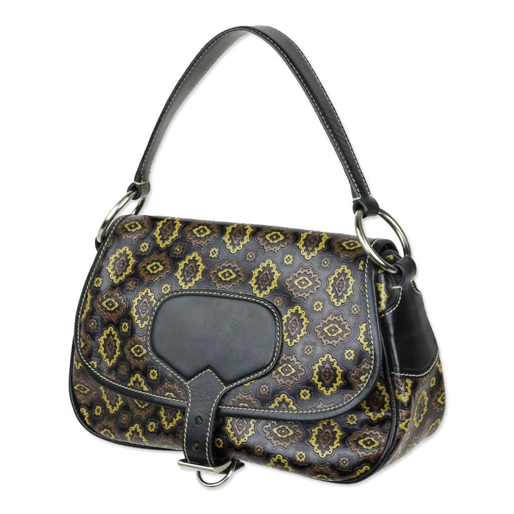 Prada Black/Olive Arabesque Printed Leather Shoulder Bag