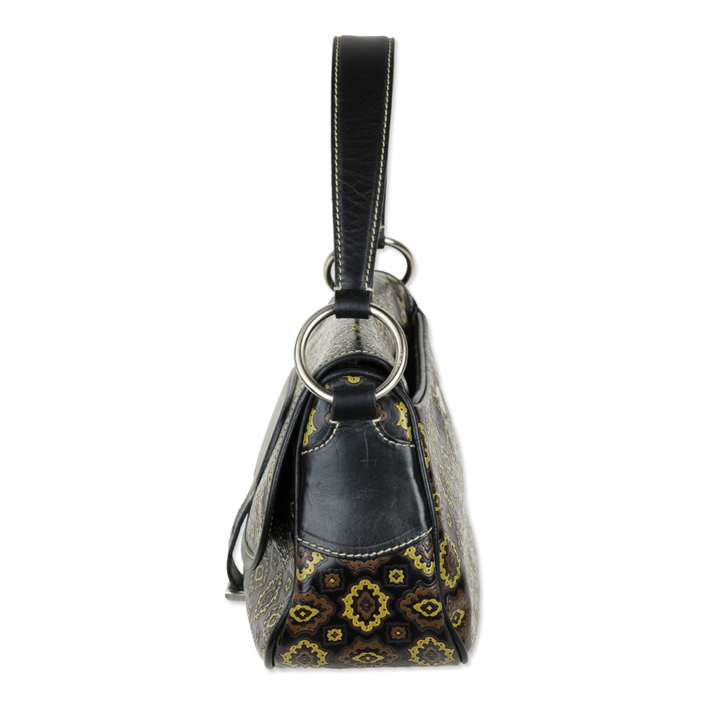 Prada Black/Olive Arabesque Printed Leather Shoulder Bag