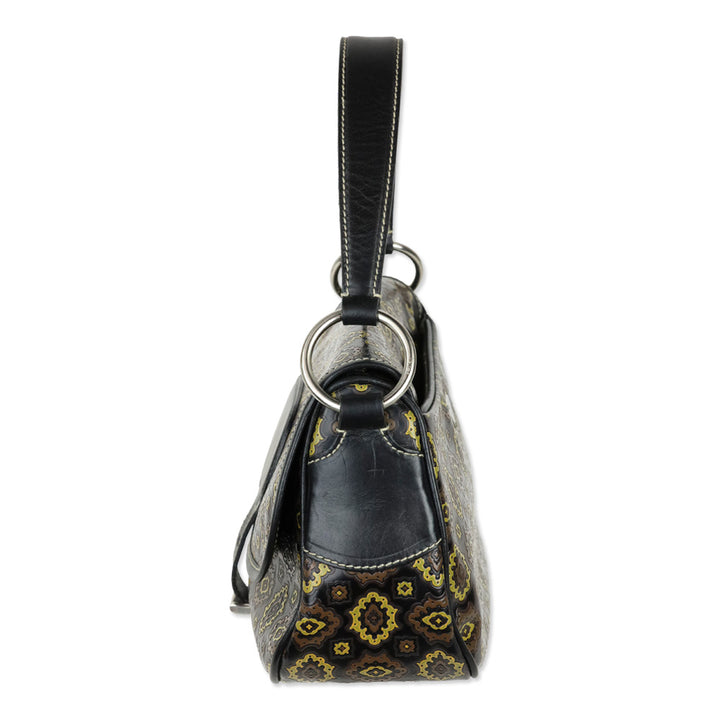 Prada Black/Olive Arabesque Printed Leather Shoulder Bag