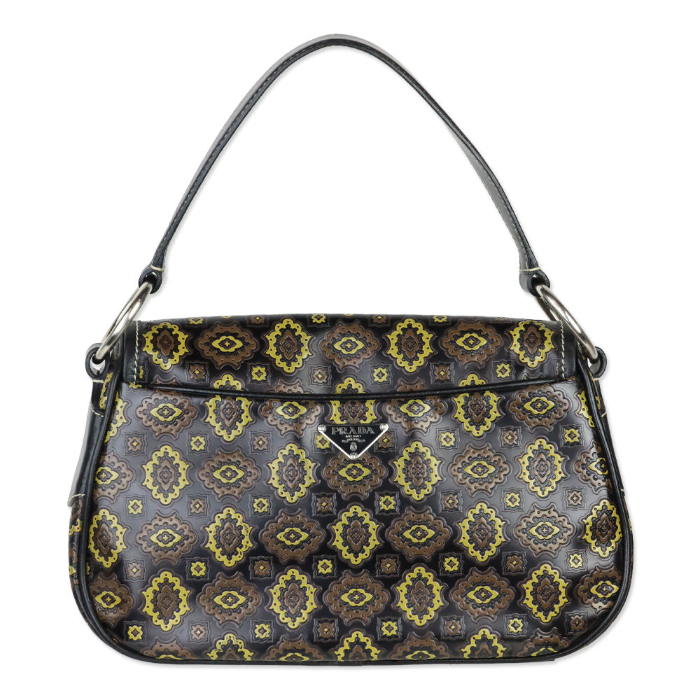 Prada Black/Olive Arabesque Printed Leather Shoulder Bag