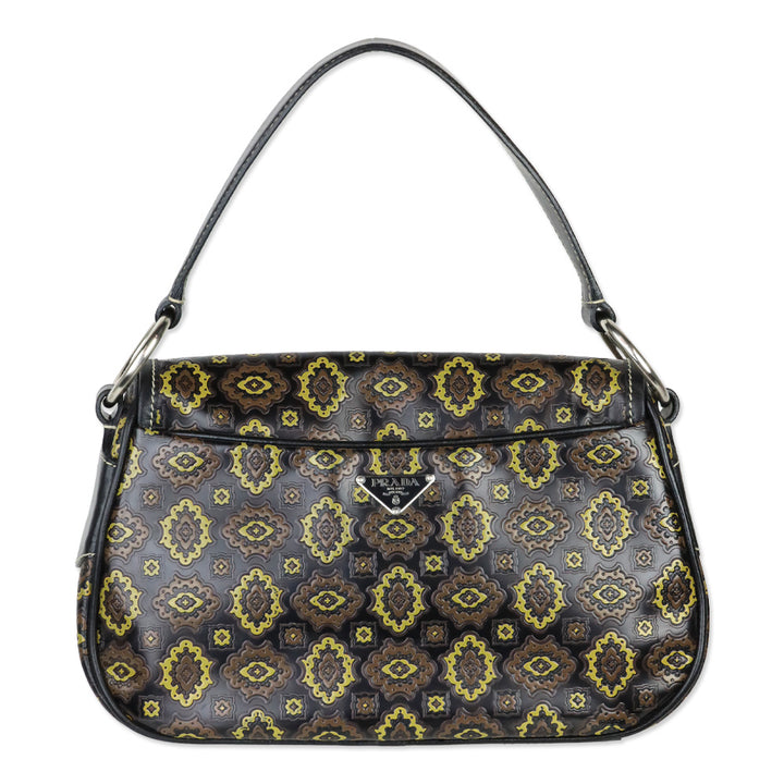 Prada Black/Olive Arabesque Printed Leather Shoulder Bag