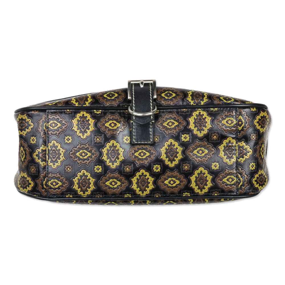 Prada Black/Olive Arabesque Printed Leather Shoulder Bag