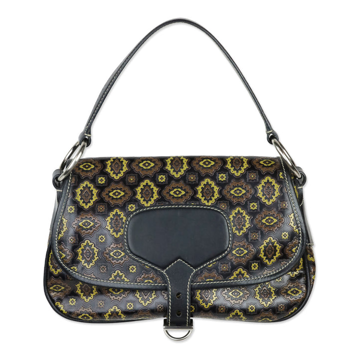 Prada Black/Olive Arabesque Printed Leather Shoulder Bag