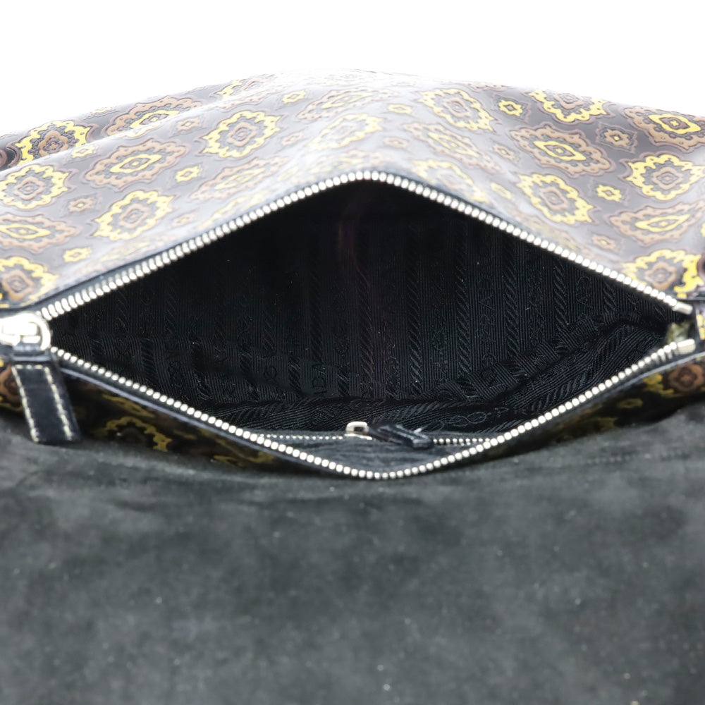 Prada Black/Olive Arabesque Printed Leather Shoulder Bag
