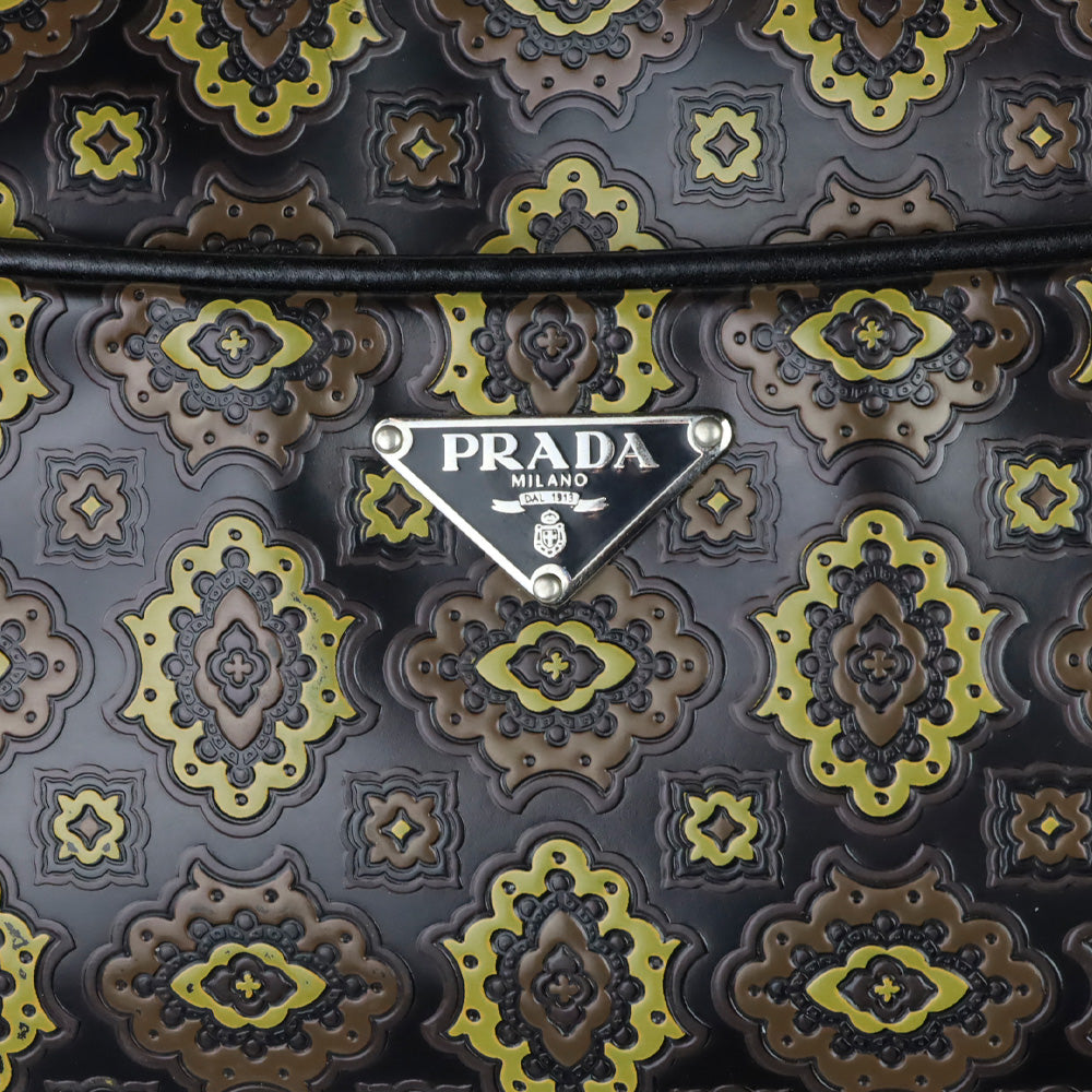 Prada Black/Olive Arabesque Printed Leather Shoulder Bag