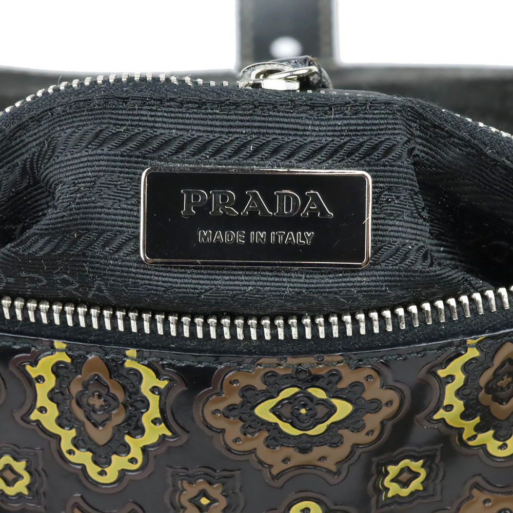 Prada Black/Olive Arabesque Printed Leather Shoulder Bag