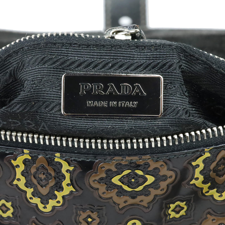 Prada Black/Olive Arabesque Printed Leather Shoulder Bag