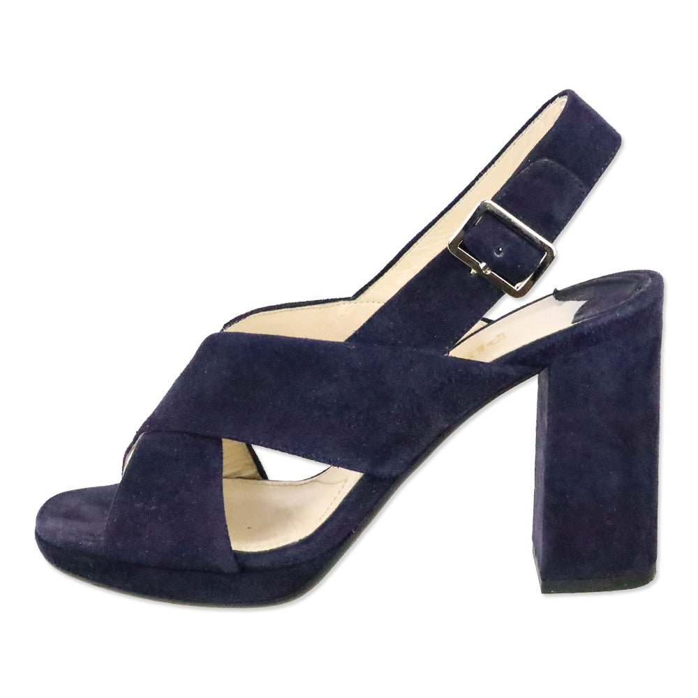 Prada Blue Suede Crisscross Slingback Platform Sandals