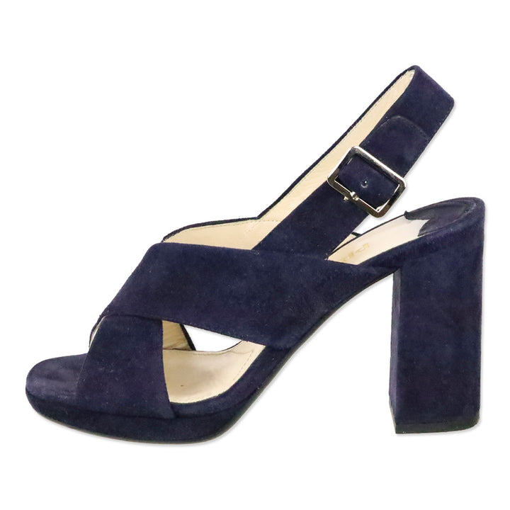 Prada Blue Suede Crisscross Slingback Platform Sandals