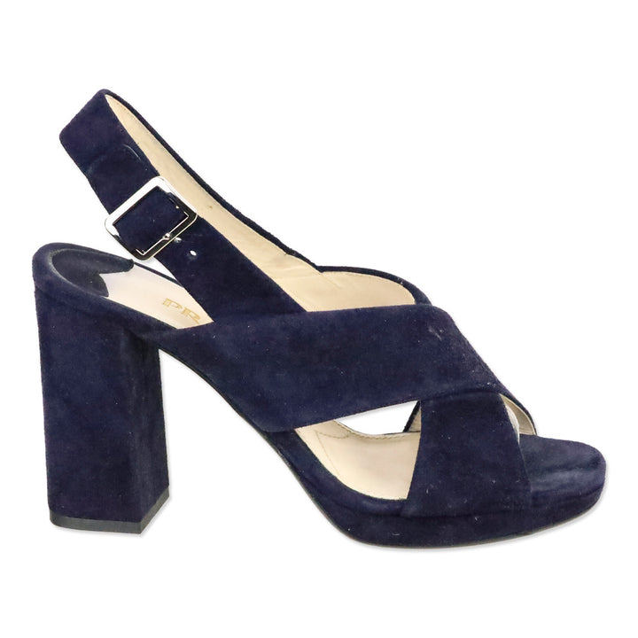 Prada Blue Suede Crisscross Slingback Platform Sandals