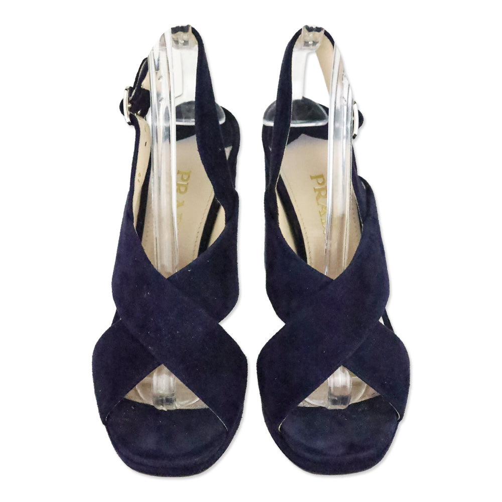 Prada Blue Suede Crisscross Slingback Platform Sandals