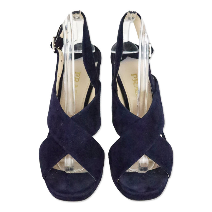 Prada Blue Suede Crisscross Slingback Platform Sandals