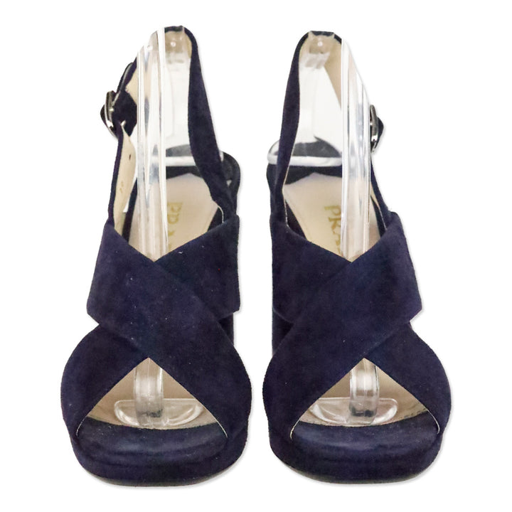 Prada Blue Suede Crisscross Slingback Platform Sandals