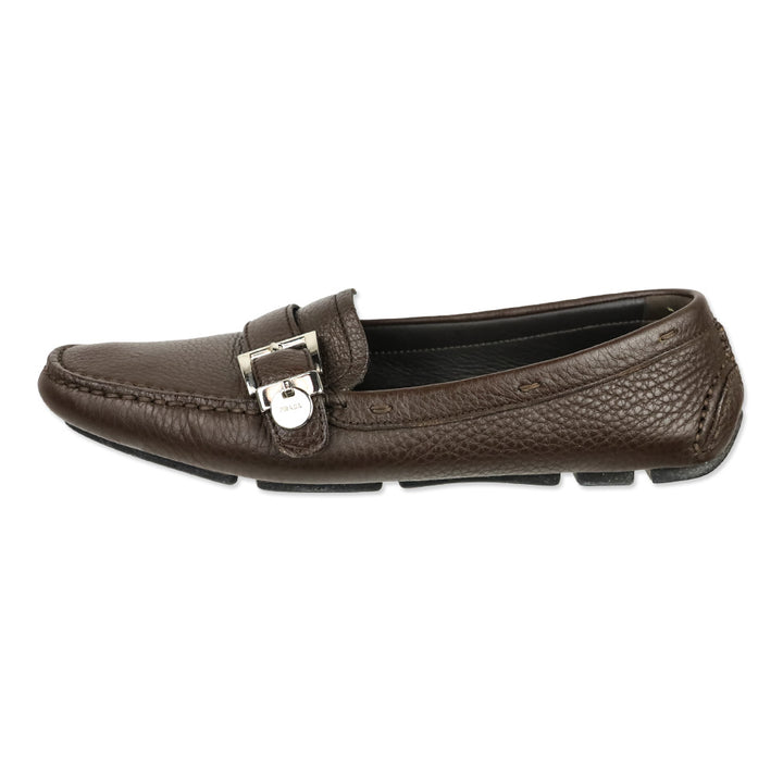 Prada Brown Leather Buckle Moccasin Driver Loafer