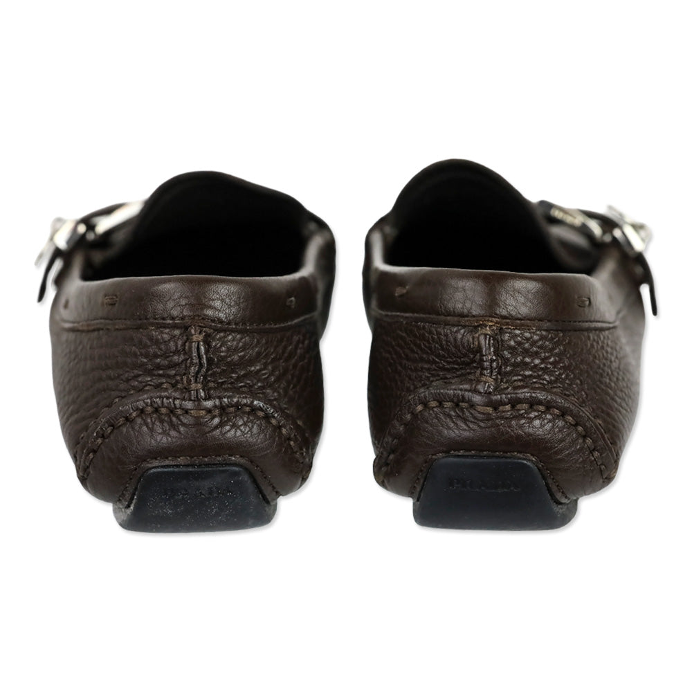 Prada Brown Leather Buckle Moccasin Driver Loafer