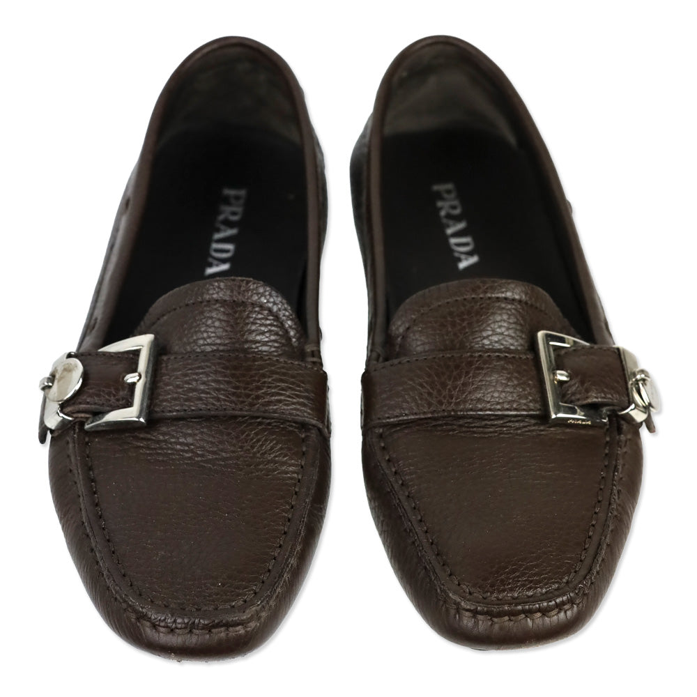 Prada Brown Leather Buckle Moccasin Driver Loafer