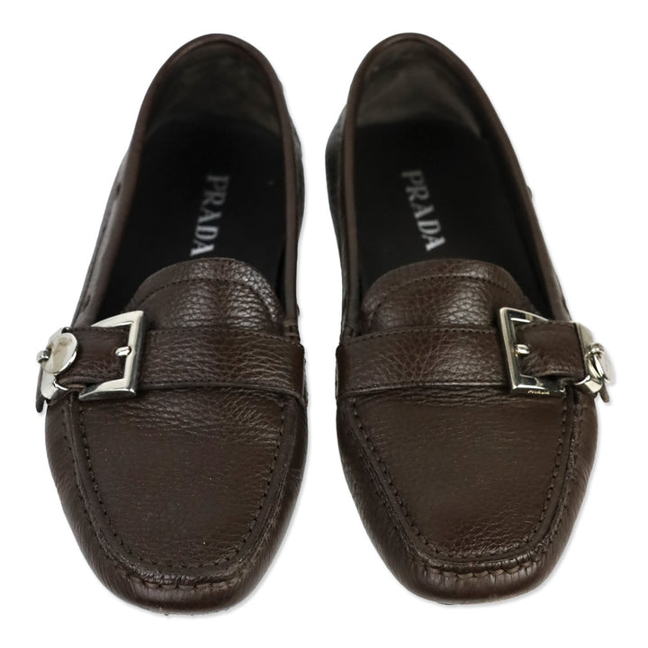 Prada Brown Leather Buckle Moccasin Driver Loafer