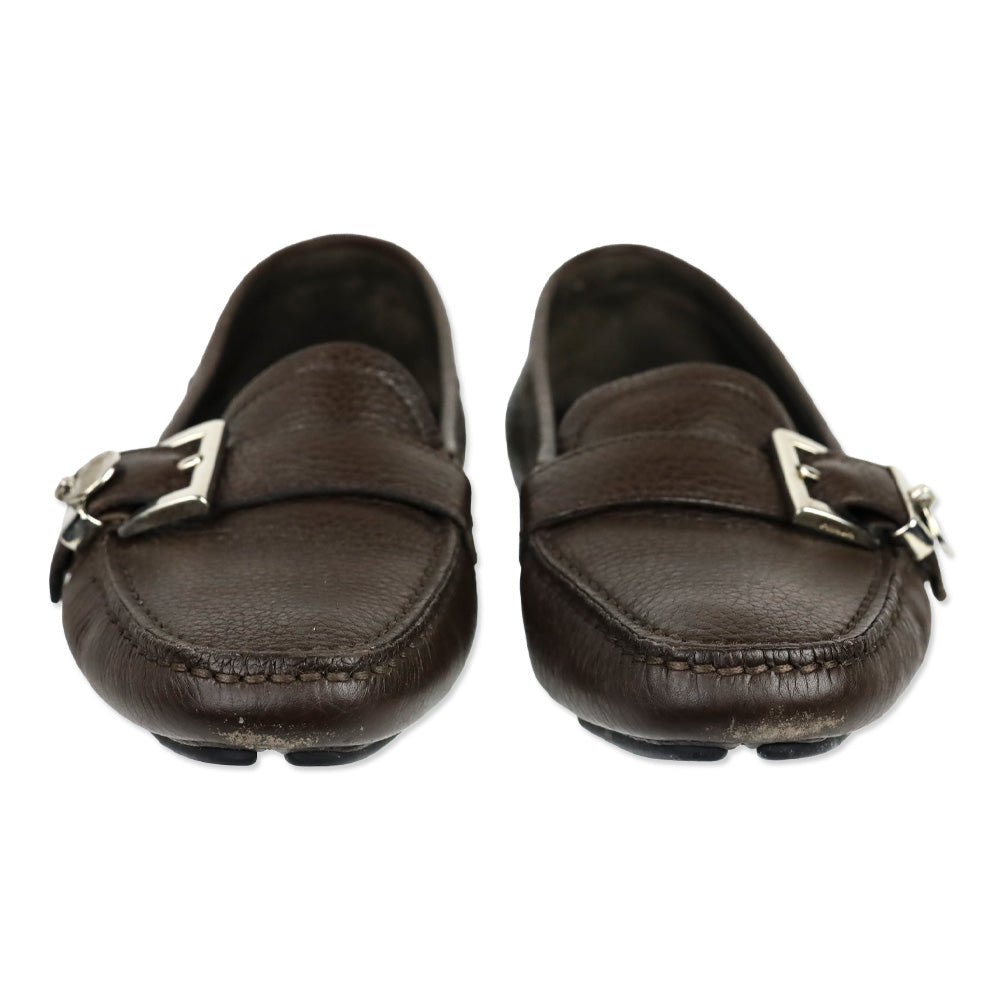 Prada Brown Leather Buckle Moccasin Driver Loafer