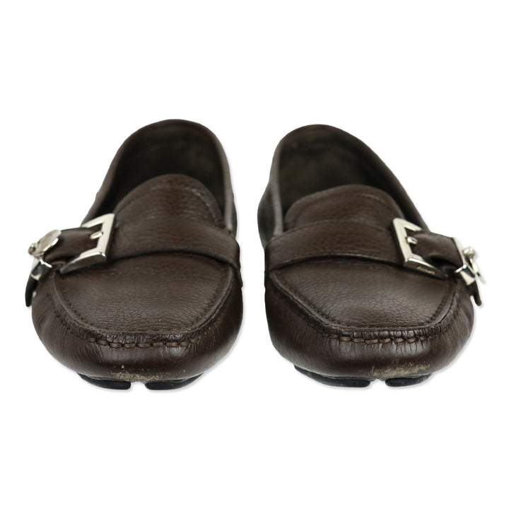 Prada Brown Leather Buckle Moccasin Driver Loafer