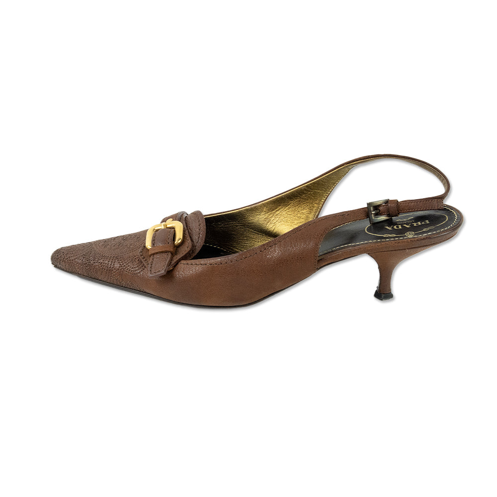 Prada Brown Leather Pointed Toe Slingback Pumps with Gold Buckle