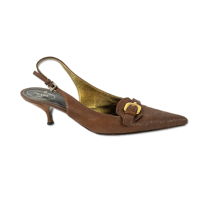 Prada Brown Leather Pointed Toe Slingback Pumps with Gold Buckle