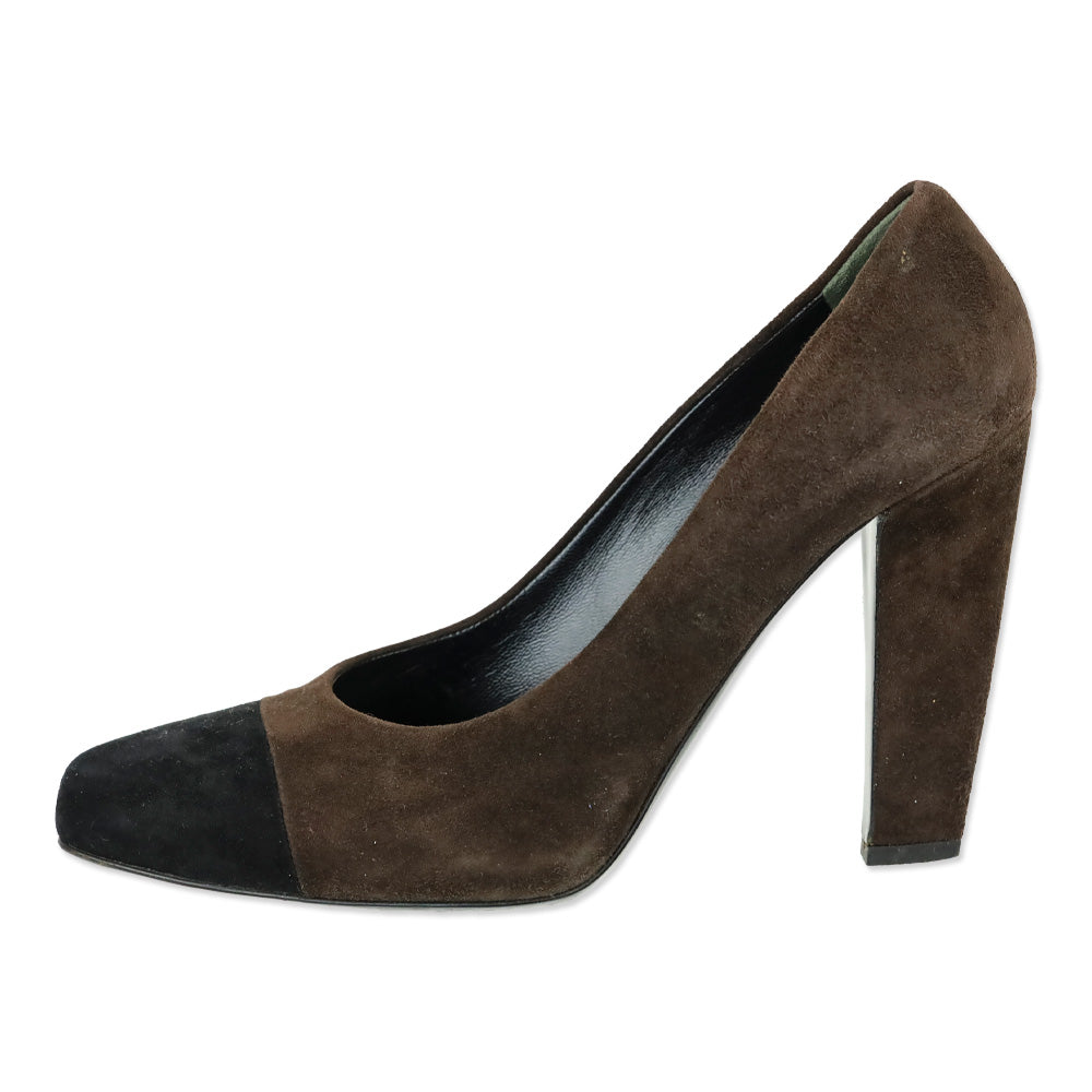 Prada Brown Suede Black Cap Toe Pumps