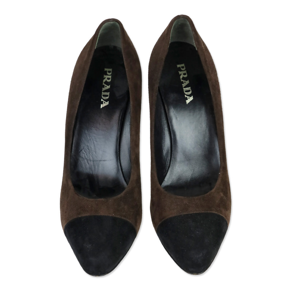 Prada Brown Suede Black Cap Toe Pumps