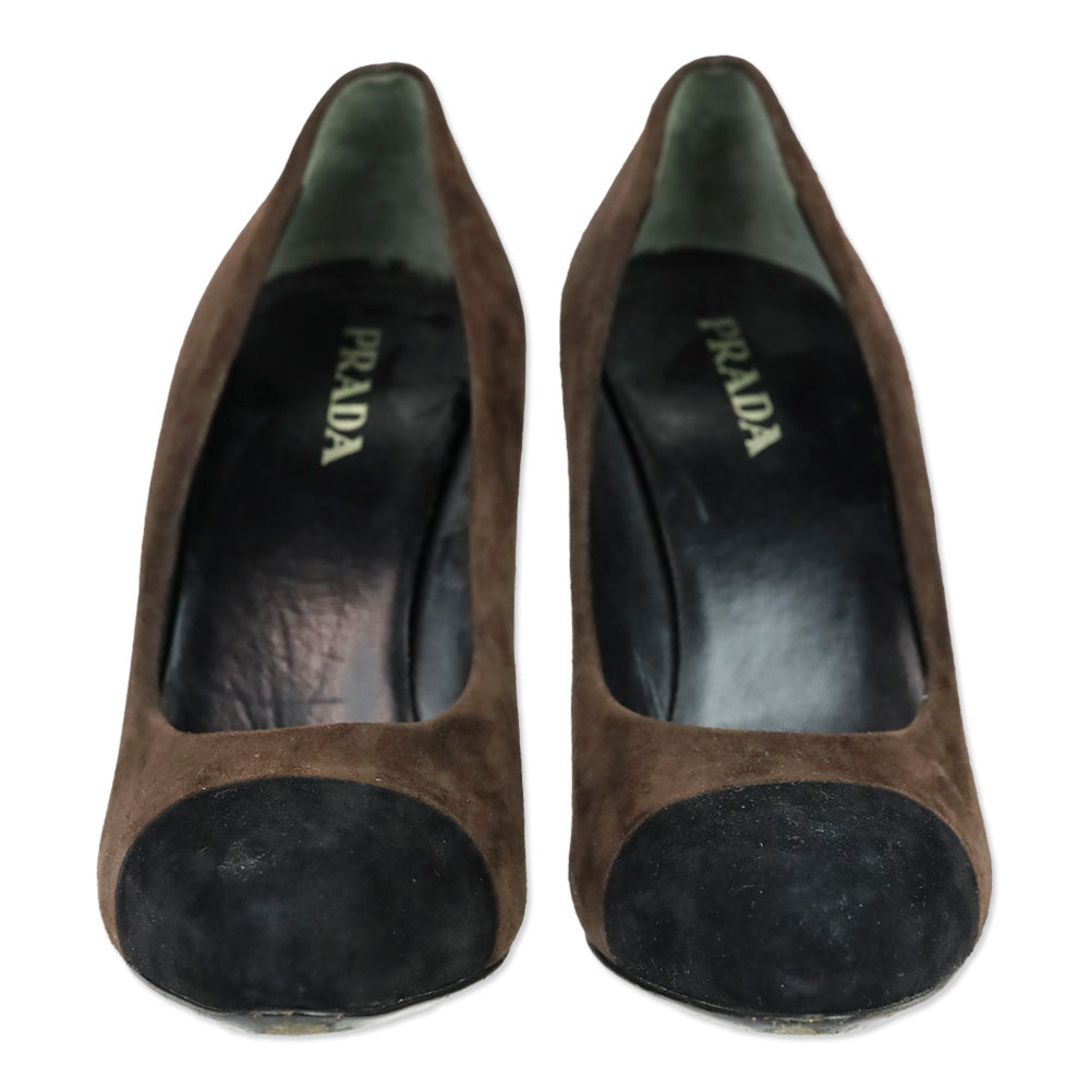 Prada Brown Suede Black Cap Toe Pumps
