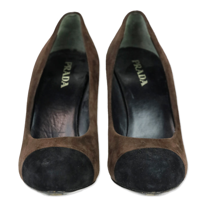 Prada Brown Suede Black Cap Toe Pumps