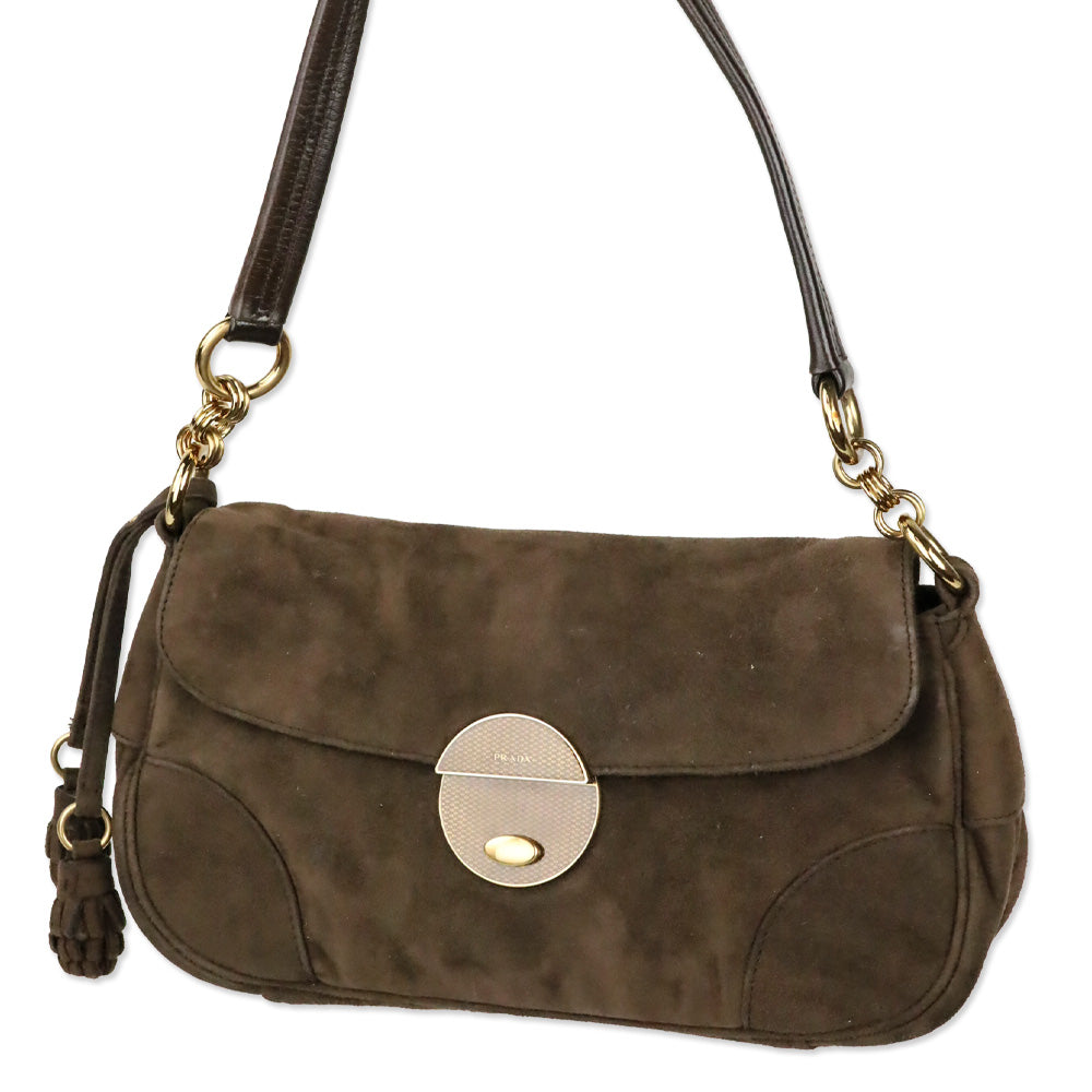 Prada Brown Suede Flap Shoulder Bag