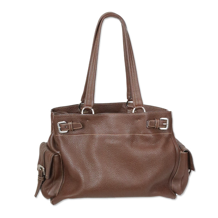 Prada Brown Vitello Daino Leather Side Pocket Tote Bag