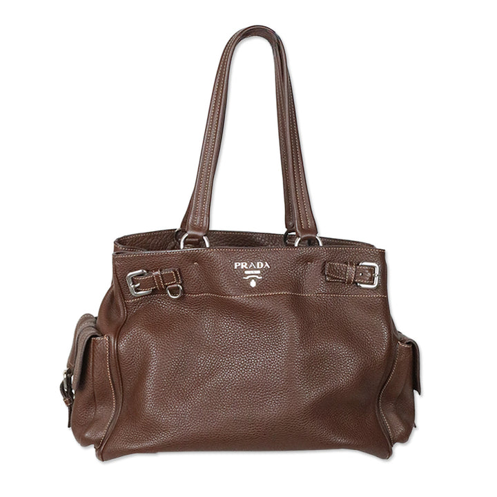 Prada Brown Vitello Daino Leather Side Pocket Tote Bag