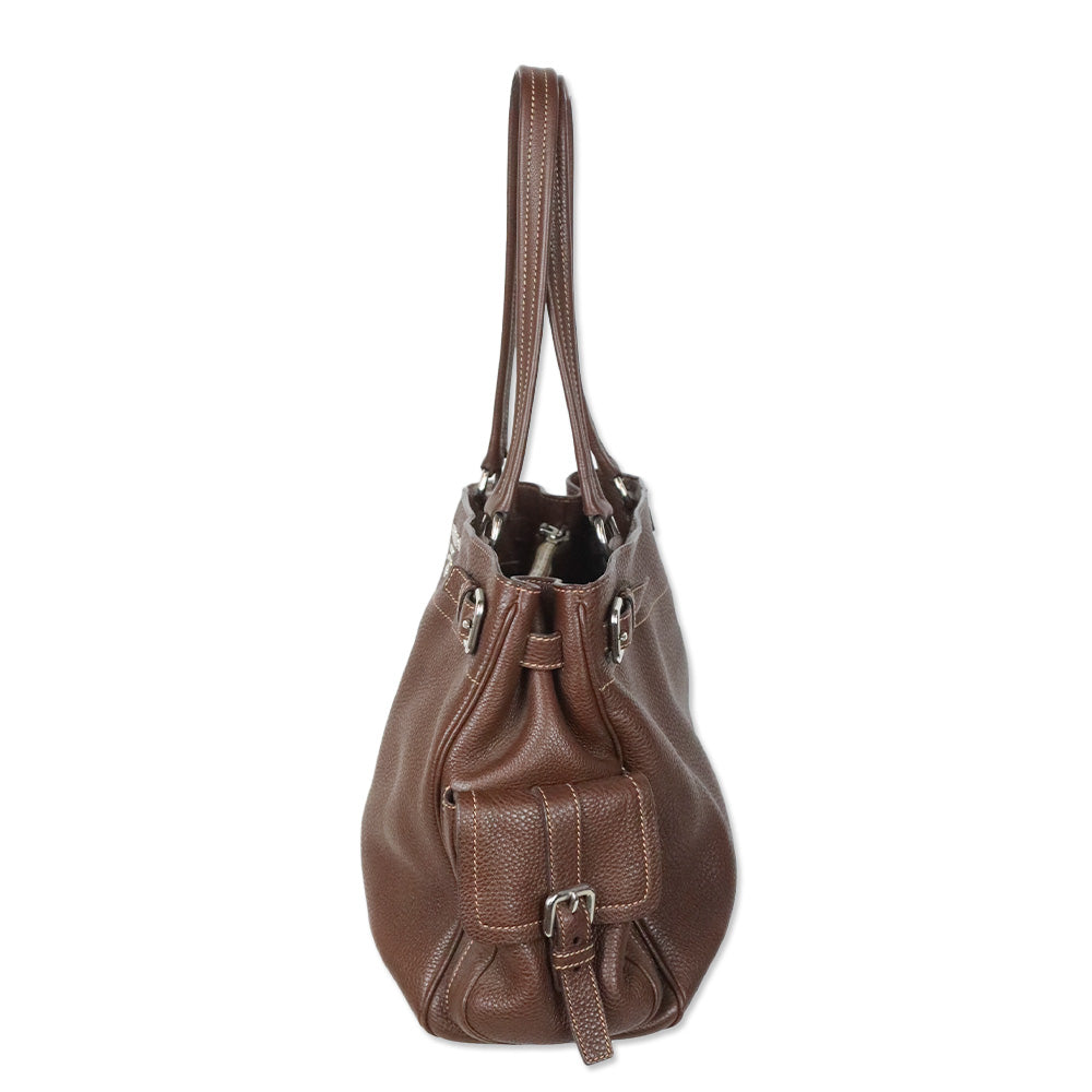 Prada Brown Vitello Daino Leather Side Pocket Tote Bag