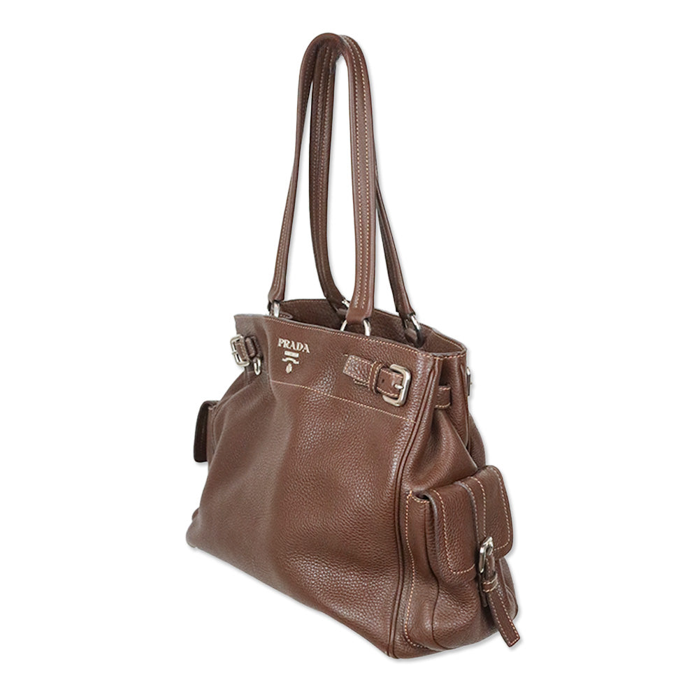 Prada Brown Vitello Daino Leather Side Pocket Tote Bag