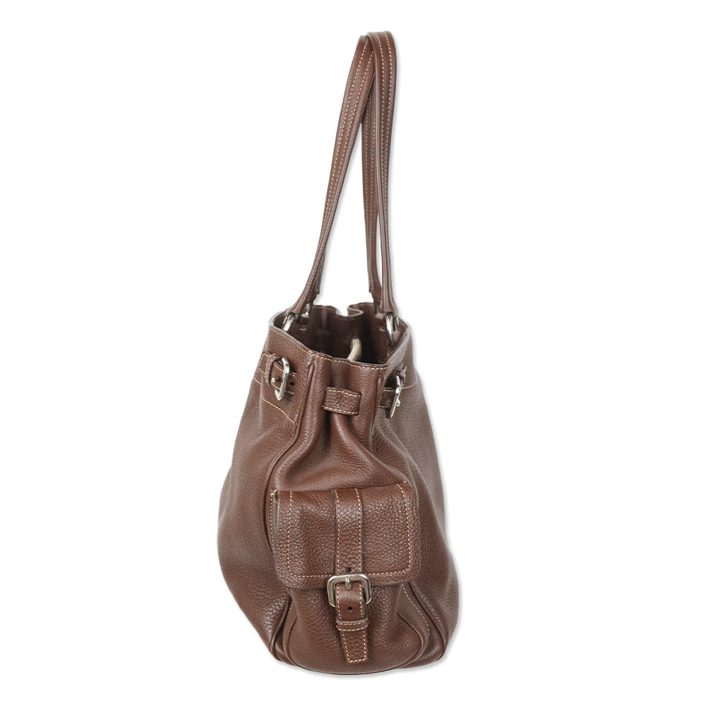 Prada Brown Vitello Daino Leather Side Pocket Tote Bag