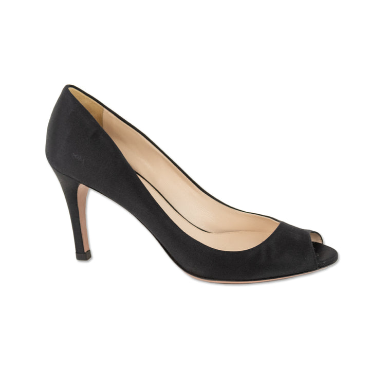 Prada Calzature Donna Black Silk Twill Peep Toe Pumps