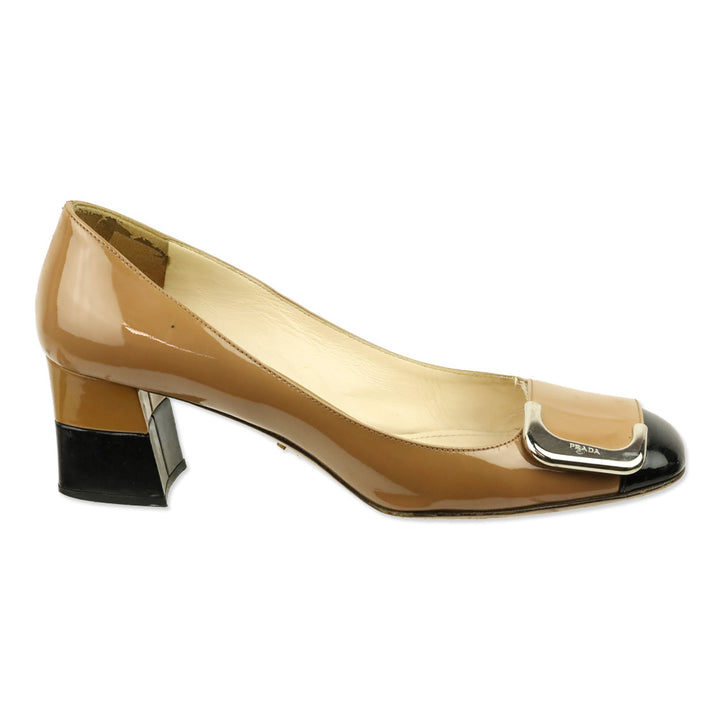 Prada Camel Patent Leather Black Cap Toe Buckle Pump