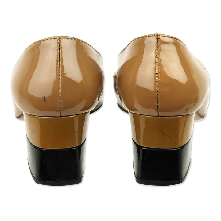 Prada Camel Patent Leather Black Cap Toe Buckle Pump