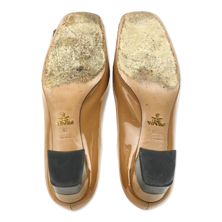 Prada Camel Patent Leather Black Cap Toe Buckle Pump