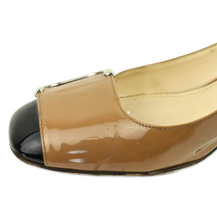 Prada Camel Patent Leather Black Cap Toe Buckle Pump