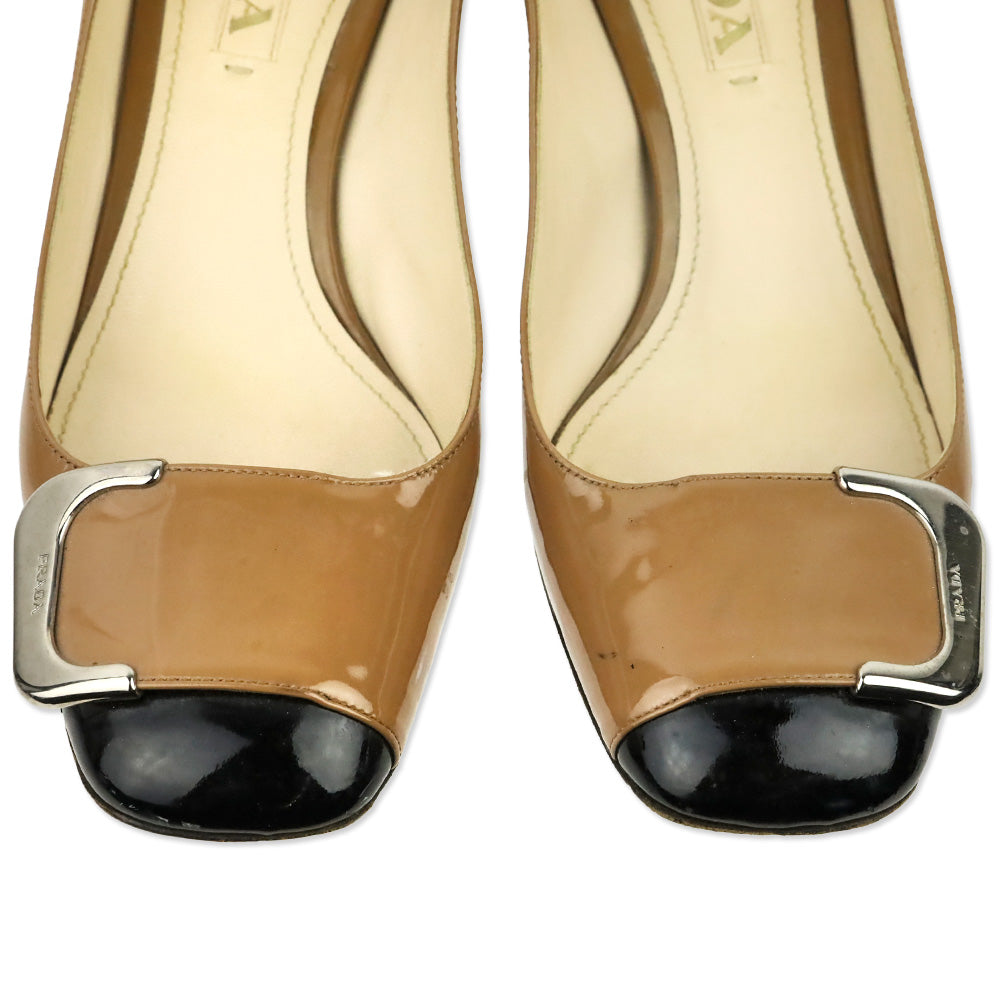 Prada Camel Patent Leather Black Cap Toe Buckle Pump