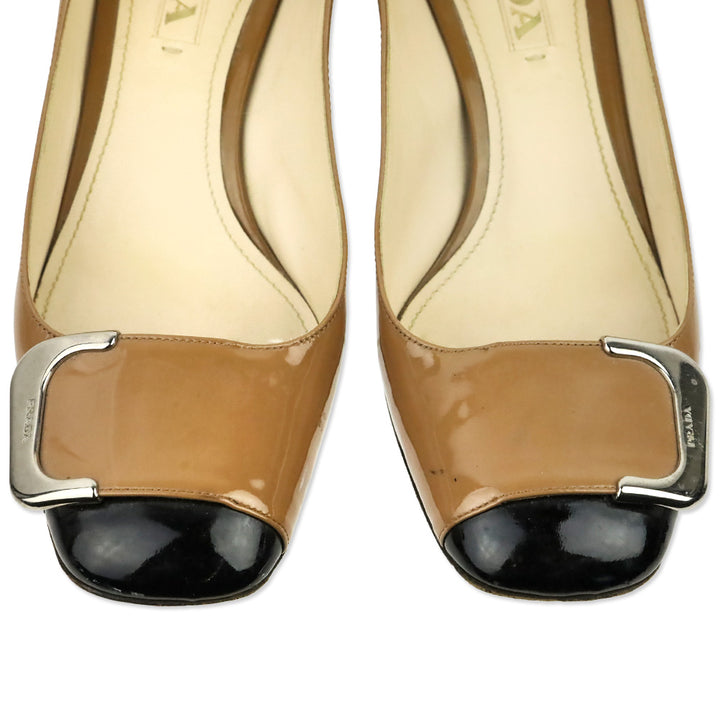 Prada Camel Patent Leather Black Cap Toe Buckle Pump