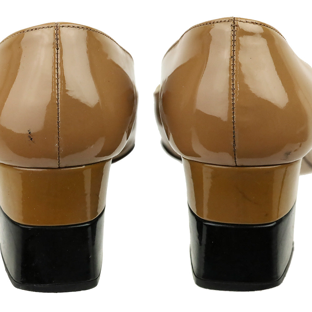 Prada Camel Patent Leather Black Cap Toe Buckle Pump