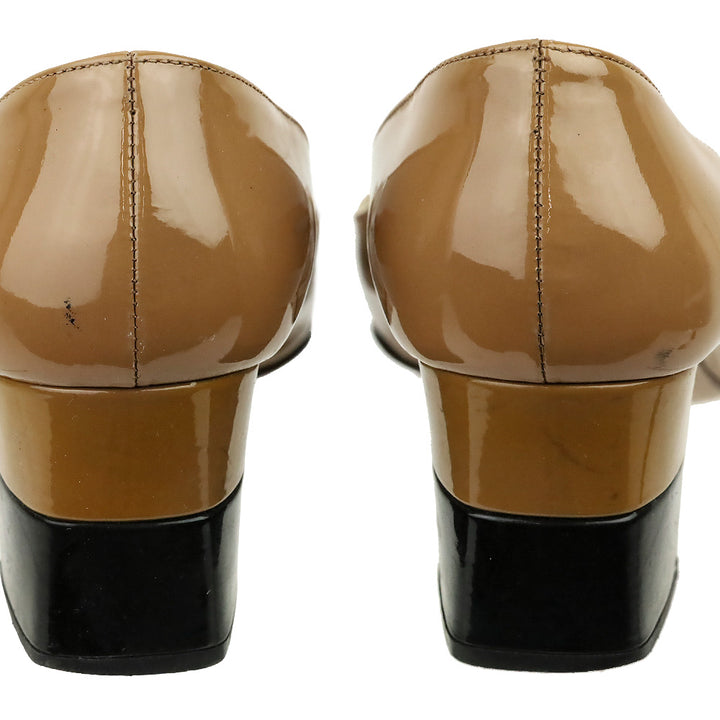 Prada Camel Patent Leather Black Cap Toe Buckle Pump
