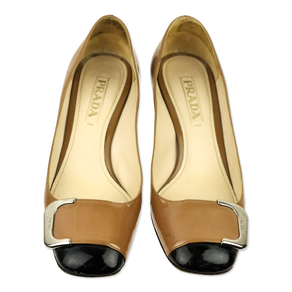 Prada Camel Patent Leather Black Cap Toe Buckle Pump