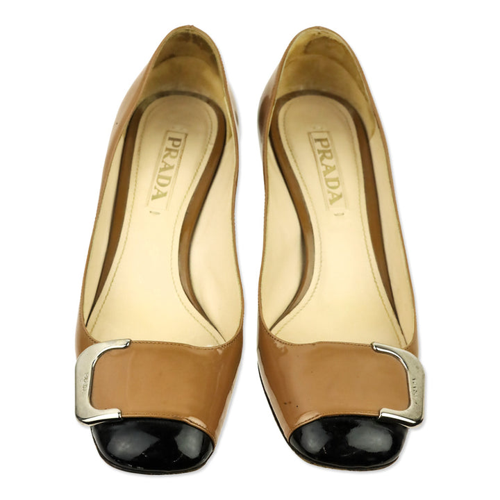 Prada Camel Patent Leather Black Cap Toe Buckle Pump