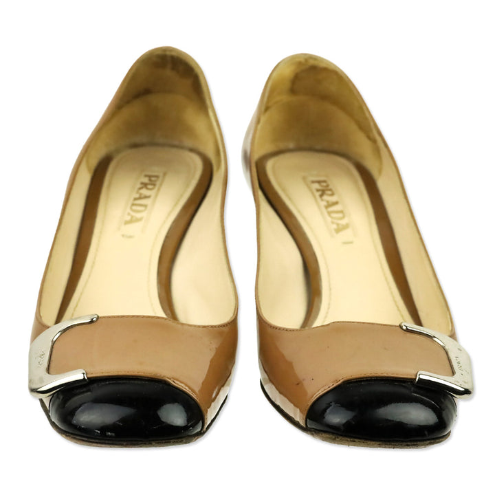 Prada Camel Patent Leather Black Cap Toe Buckle Pump