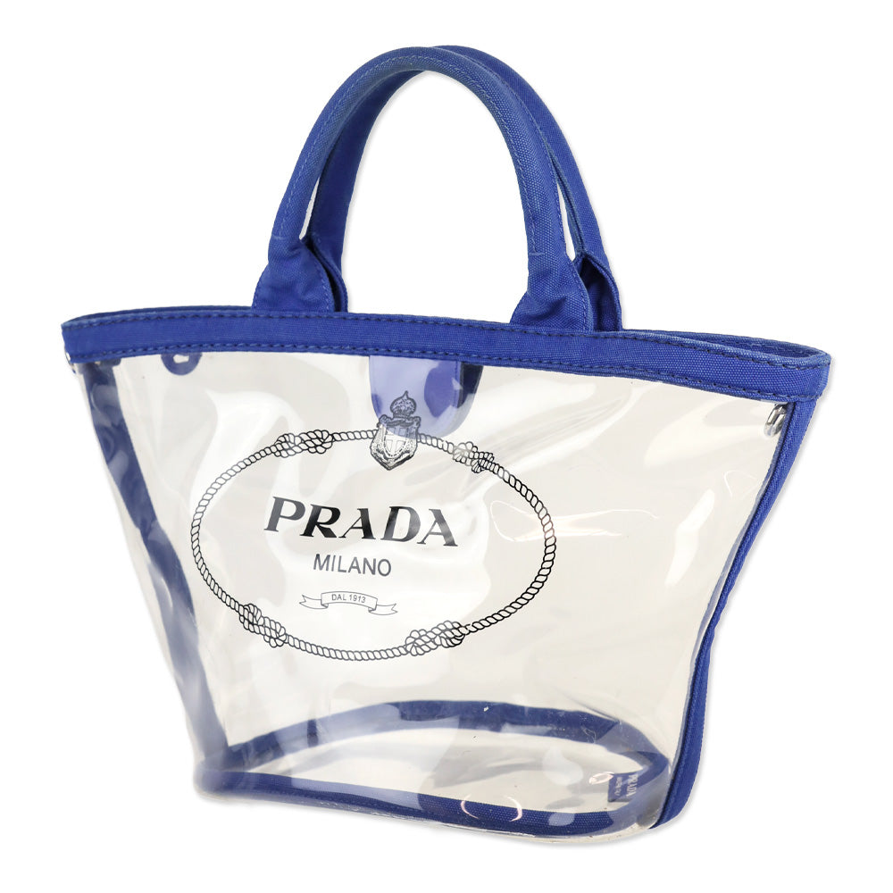 Prada Cobalt Blue Canvas/PVC Plastic Logo Tote Bag