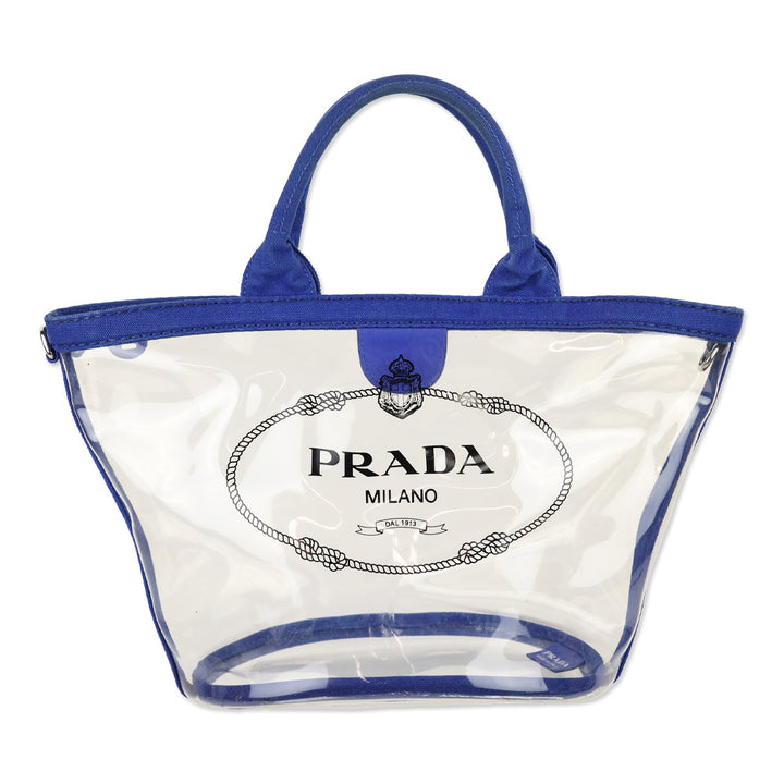 Prada Cobalt Blue Canvas/PVC Plastic Logo Tote Bag